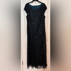 Brianna evening gown with black sequins and teal under slip